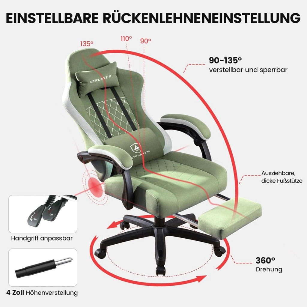 Sedia da gaming, in tessuto, con cuscino a molla, ergonomica, girevole, con poggiapiedi, portata 150 kg, colore: verde