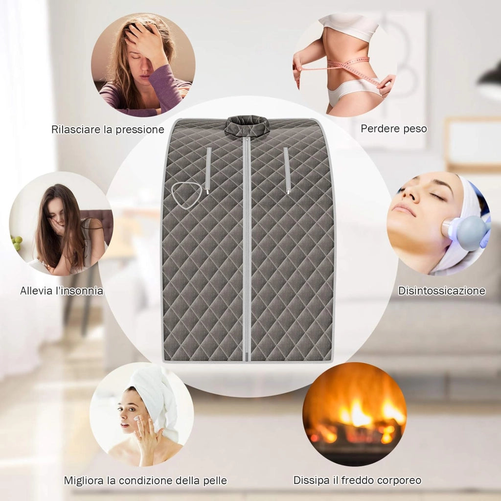Cabina Sauna a Vapore, Sauna da Casa con Sedia, Telecomando, Timer e Temperatura Regolabili, con Funzione Atomizzazione e Coperchio di Vetro Temperato Antiscoppio (Grigio)