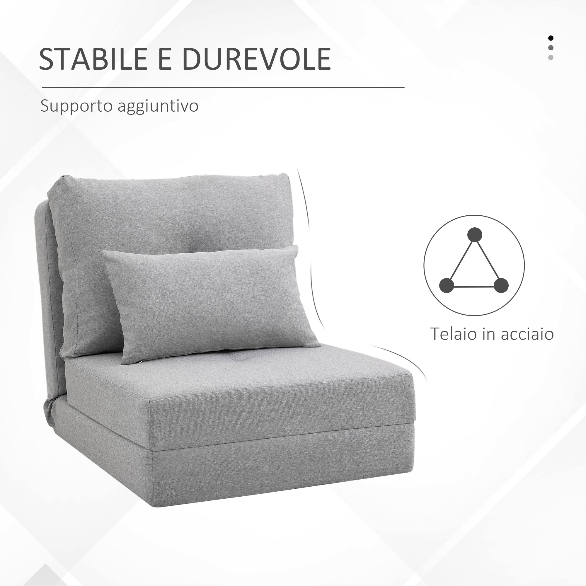 Poltrona Letto 3 in 1 Convertibile in Chaise Longue e Divano da Terra con 2 Cuscini in Tessuto Effetto Lino Grigio