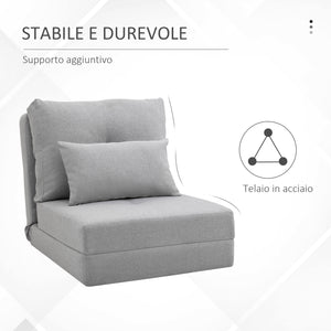 Poltrona Letto 3 in 1 Convertibile in Chaise Longue e Divano da Terra con 2 Cuscini in Tessuto Effetto Lino Grigio