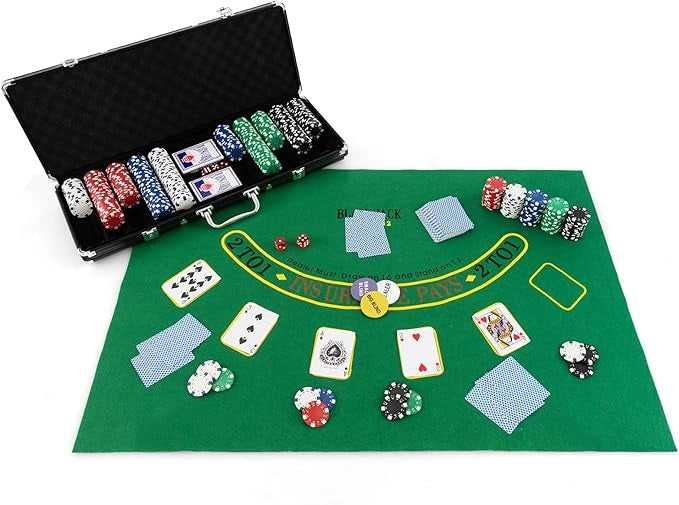 Chips Poker Set da Poker di 500 Chips, Inclusi 2 Mazzi di Carte da Poker 5 Dadi 1 Pulsante Dealer Valigetta in Alluminio (Nero)
