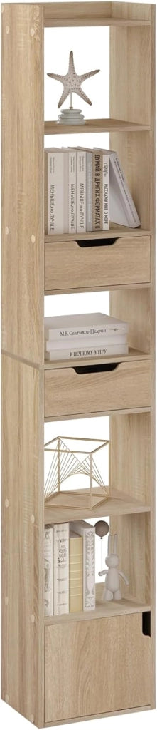 Libreria Verticale Autoportante, Scaffale Salvaspazio, Libreria Stretta e Alta, con 2 Cassetti, 6 Ripiani Aperti e 1 Scomparto con Anta, in Legno, Bianca, SK042ws