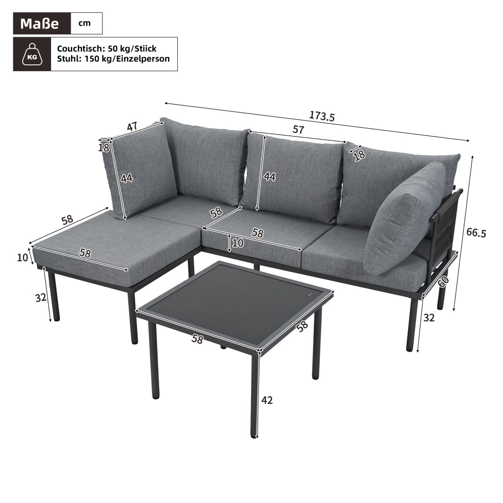 Set Divano da Giardino con Tavolino e Pouf ¨C MINIMAL ¨C Polyrattan, Acciaio, Vetro, Grigio/Nero
