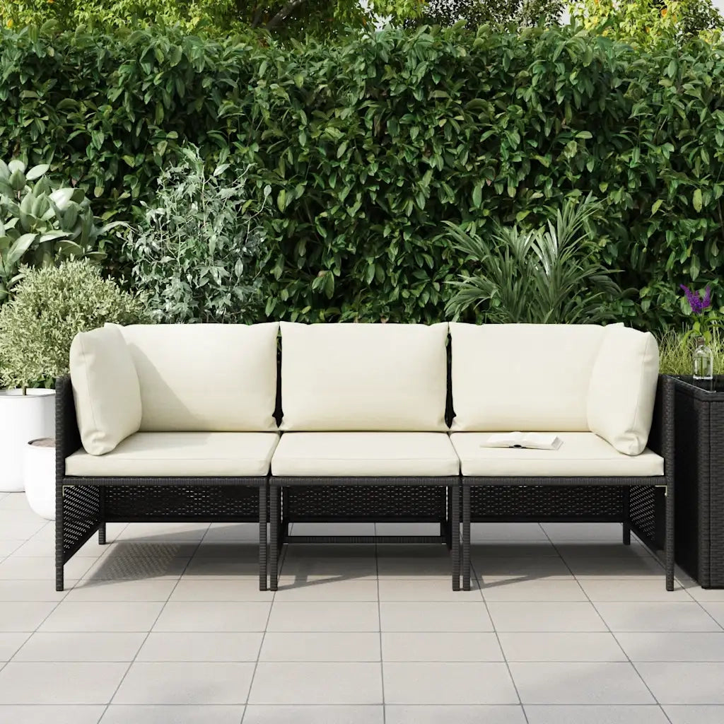Divano da Giardino a 3 Posti con Cuscini Nero in Polyrattan cod mxl 70674