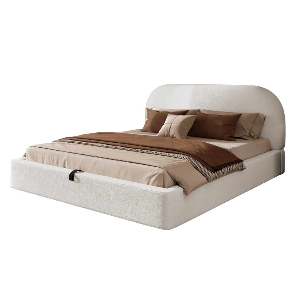 Letto imbottito con contenitore idraulico e rete a doghe in boucl¨¦ beige