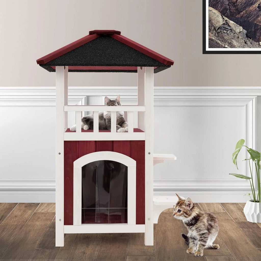 Cuccia per Gatti da Interno ed Esterno, Gasetta per Gatti in Legno a 2 Livelli con Tetto in Asfalto e 2 Piattaforme per Saltare, Casa per Gattini Impermeabile, 58 x 50 x 87 cm