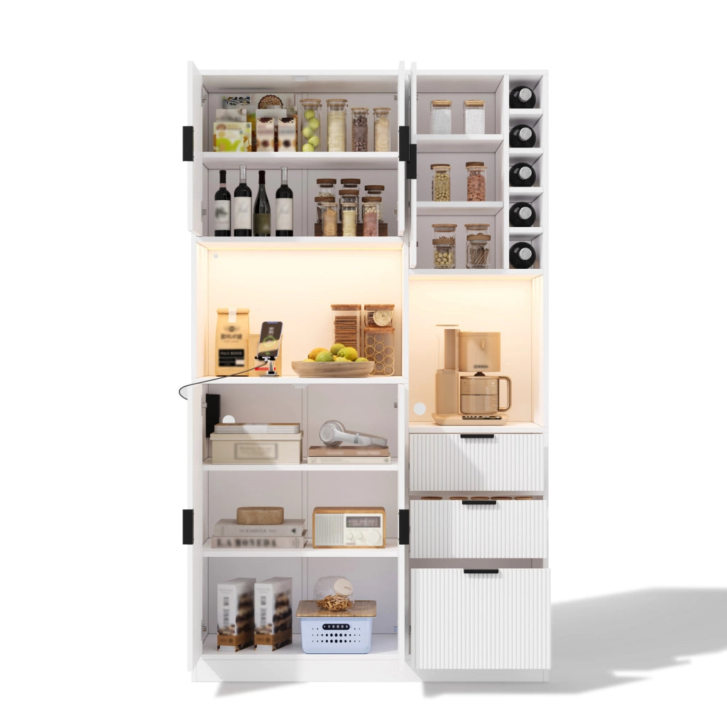 Mobile buffet 105x40x180 cm bianco in MDF, 3 cassetti e portabottiglie laterale