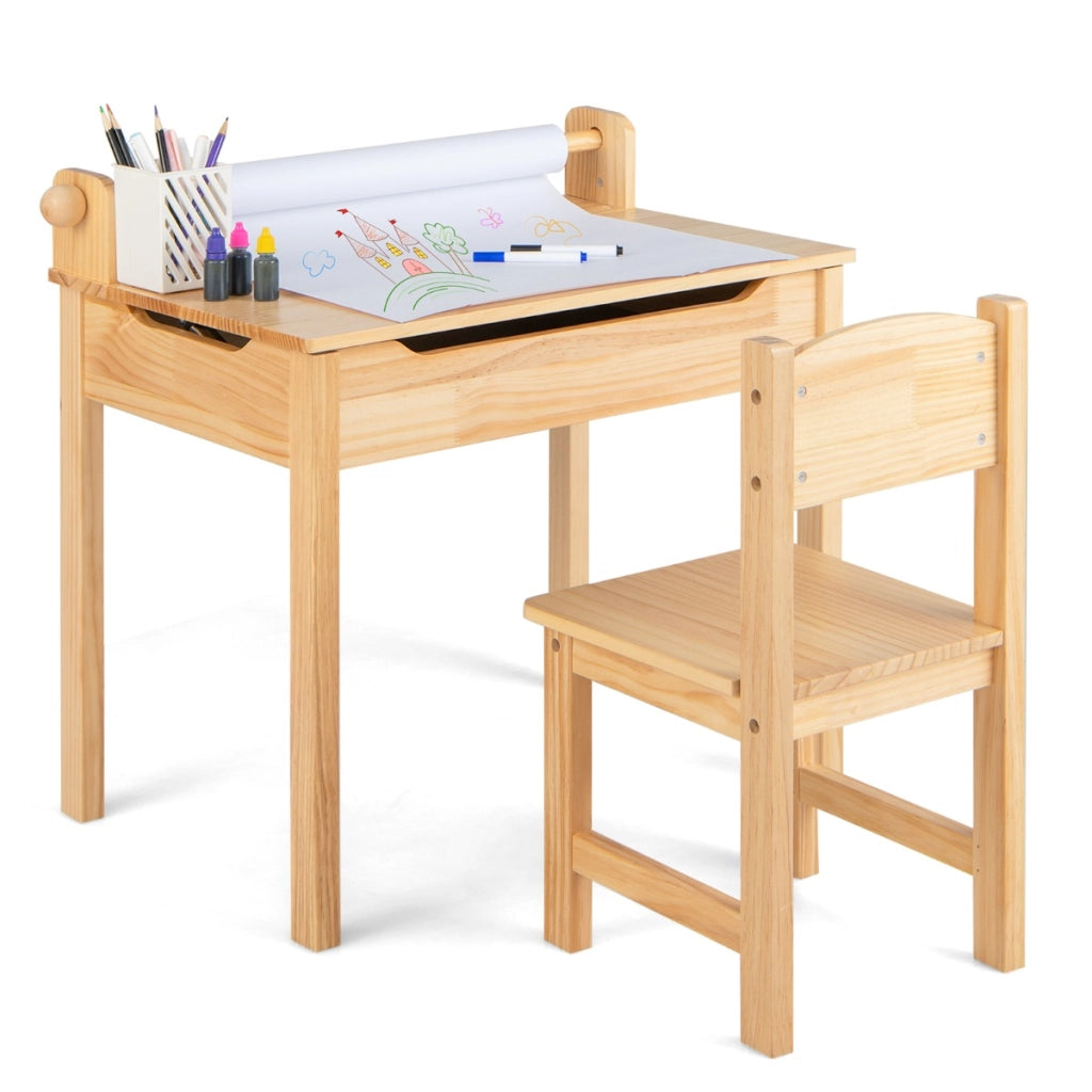 Tavolo multi attivit¨¤ per bambini con sedia, Tavolo per arte e mestieri con porta rotolo di carta rotolo di carta Naturale-Tavoli e sedie