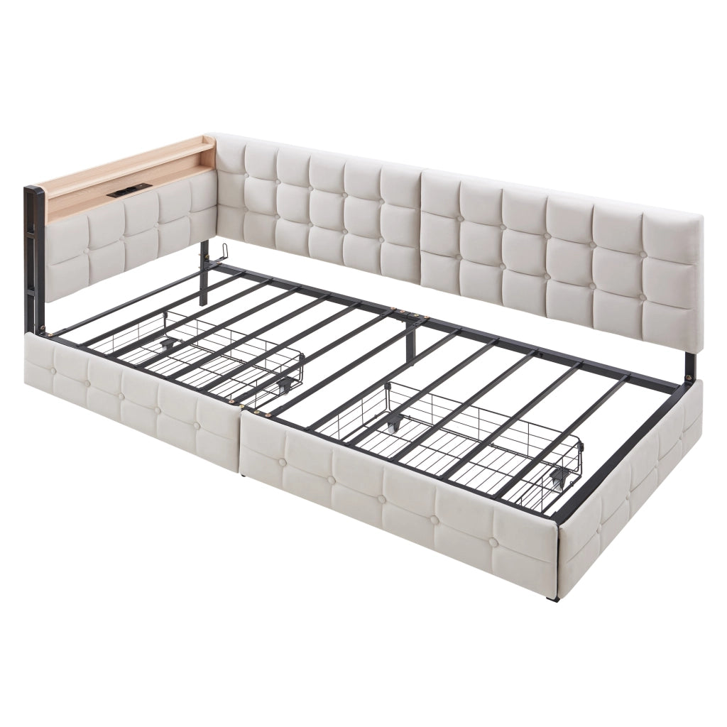 Divano letto imbottito 90x200 cm con 2 cassetti, LED, USB e Type-C, beige