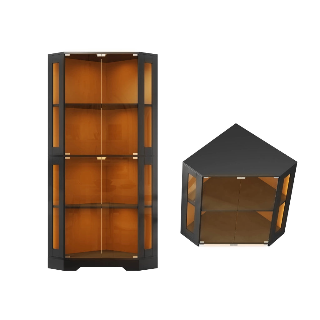 Credenza vetrina con LED, 4 ante in vetro temperato e 2 ripiani regolabili, per cucina e soggiorno, nero 40 × 40 × 165 cm