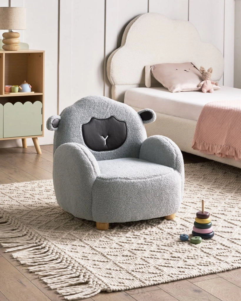 Poltrona per bambini Tessuto Grigio motivo pecora Tappezzeria Sedia bassa per bambini FormaPoltrona per bambini Tessuto Bianco sporco motivo pecora Tappezzeria Boucle Sedia bassa per bambini Forma