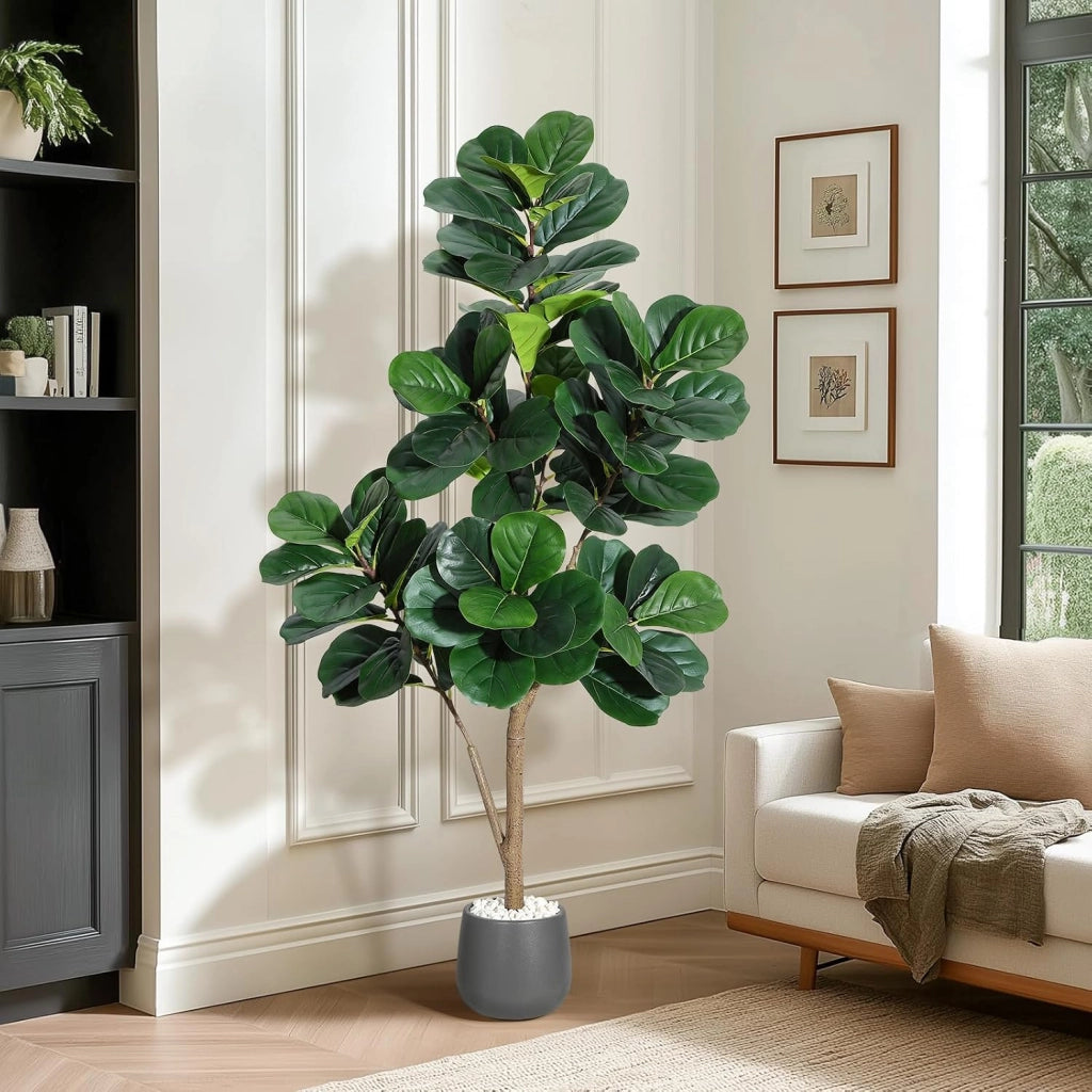 Ficus Lyrata Artificiale 180 cm con 108 Foglie e Vaso Bianco per Salotto e Ufficio