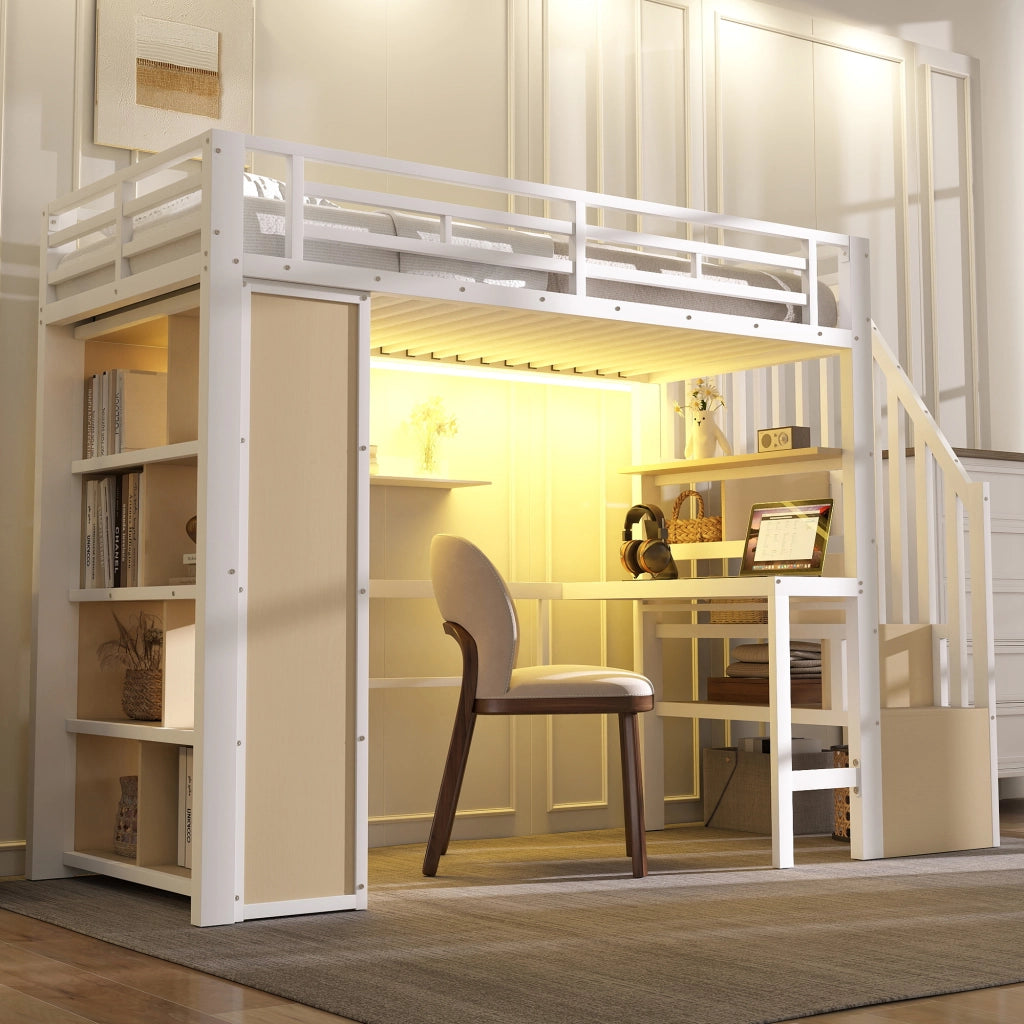 DESMIU Letto a Soppalco 1 Posto con Scrivania, Ripiani, LED e Scala Contenitore 90 × 200 cm Senza Materasso