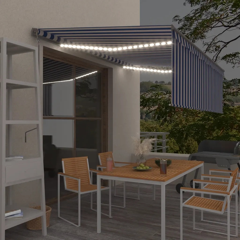 Tenda Automatica Parasole Sensore Vento LED 4x3m Blu Bianca 3069431