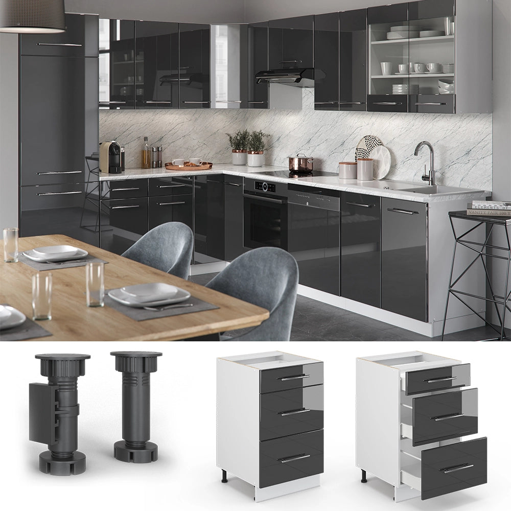 Mobiletto base per cucina Fame-Line Antracite lucido/Bianco 50 cm PL Marmo Vicco