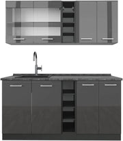 Cucina completa R-Line, Antracite lucido/antracite, 160 cm, PL Antracite, adatto per l'espansione individuale con moduli aggiuntivi