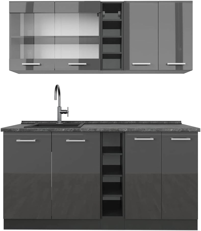Cucina completa R-Line, Antracite lucido/antracite, 160 cm, PL Antracite, adatto per l'espansione individuale con moduli aggiuntivi