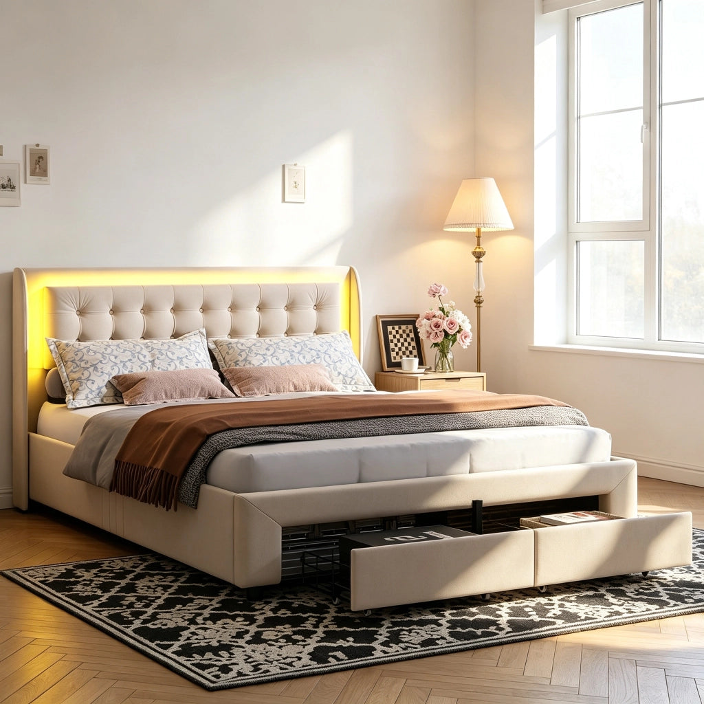 Letto contenitore matrimoniale 140x190 cm con  LED;Sollevamento idraulico e 2 cassetti;Velluto; beige