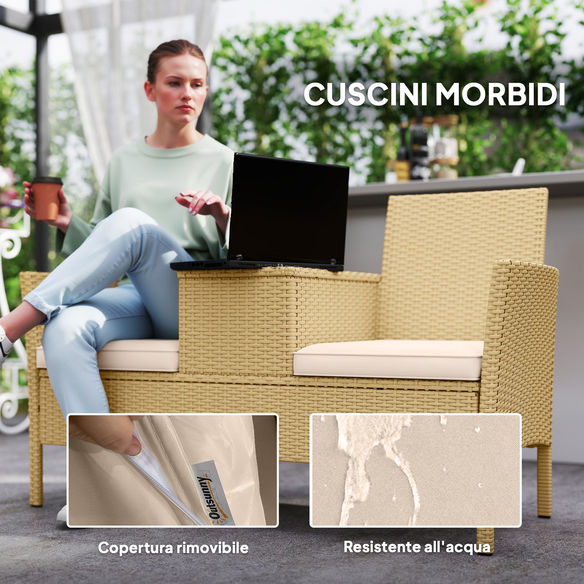 Panca da Giardino con Tavolino a Ribalta Portaoggetti 134x58x82 cm in Rattan e Acciaio Crema e Cachi