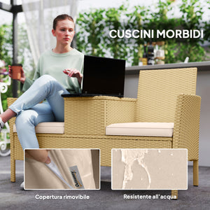 Panca da Giardino con Tavolino a Ribalta Portaoggetti 134x58x82 cm in Rattan e Acciaio Crema e Cachi