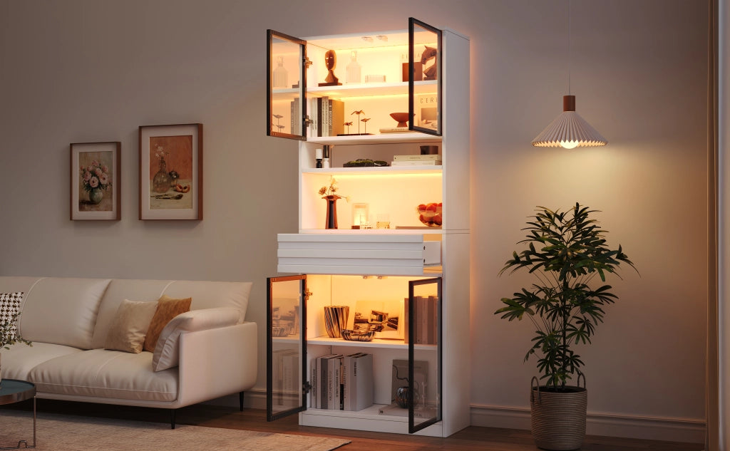 Vetrina con LED e 1 cassetto per soggiorno in MDF bianco 80 × 35 × 200 cm