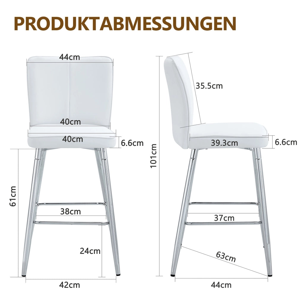 Set di 2 Sgabelli da Bar con Schienale Ergonomico e Poggiapiedi; Metallo e Pelle PU; Bianco e Argento