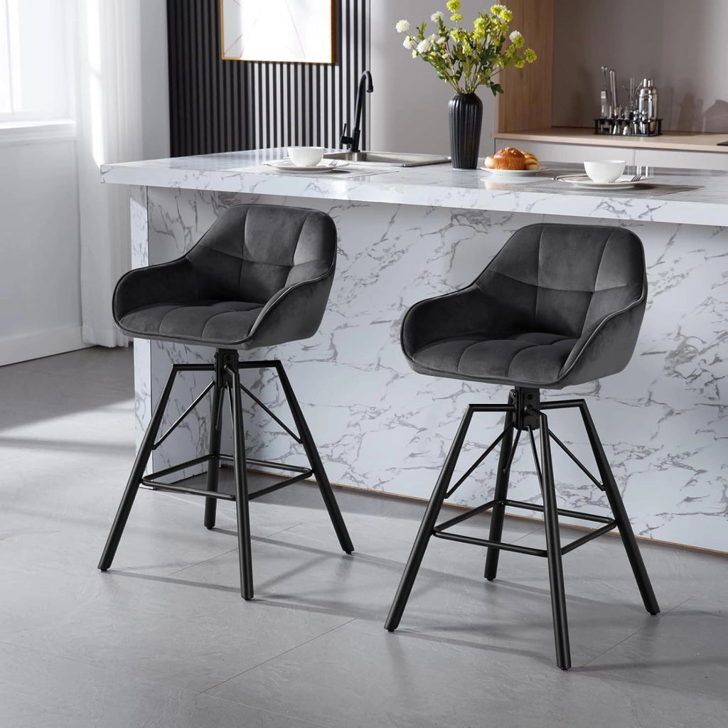 2 Pezzi Sgabello da Bar con Poggiapiedi, Sedia da Cucina con Sedile Girevole, Schienale e Braccioli, Seduta in Velluto e Gambe in Metallo, Grigio Scuro, BH397dgr-2