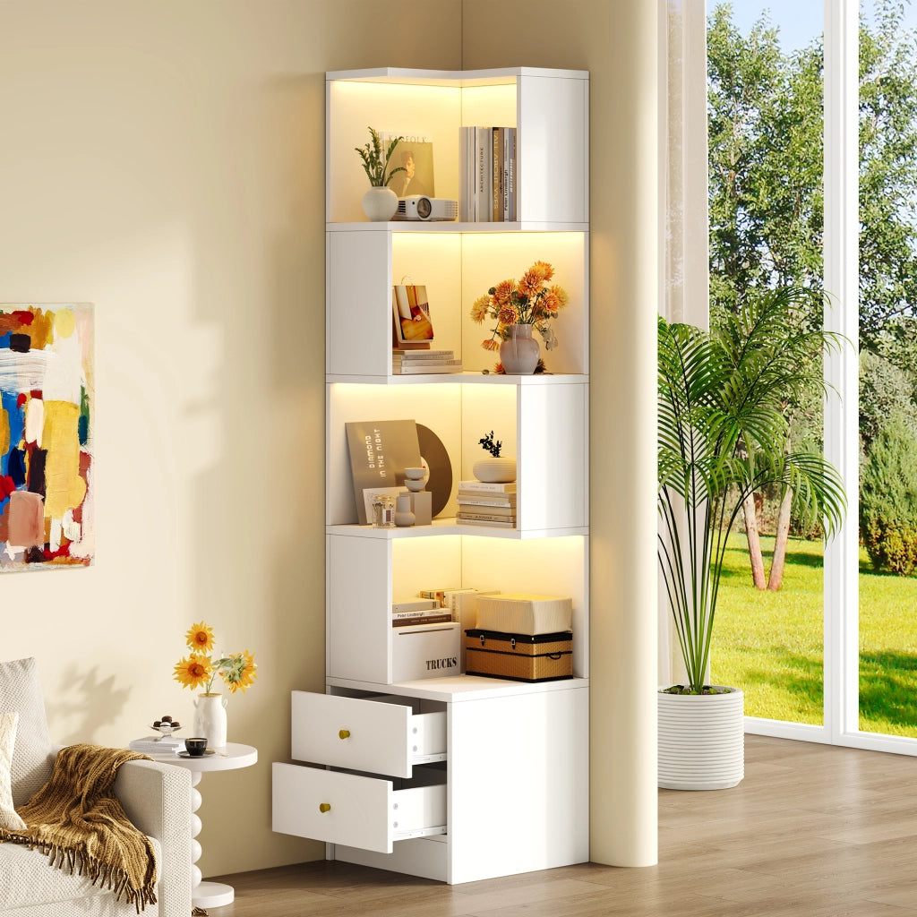 Libreria angolare a L con illuminazione LED controllabile da app, 45 x 43,5 x 180 cm, bianca