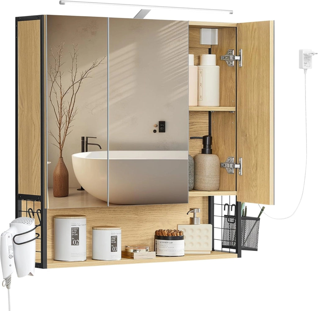 VASAGLE Armadietto da Bagno con Specchio e 3 Ante, Mobile a Parete, Cestino, Porta Asciugacapelli, Capiente, Mobiletto Bagno da Muro, Bianco Nuvola e Oro Verde Chiaro BBK124A10
