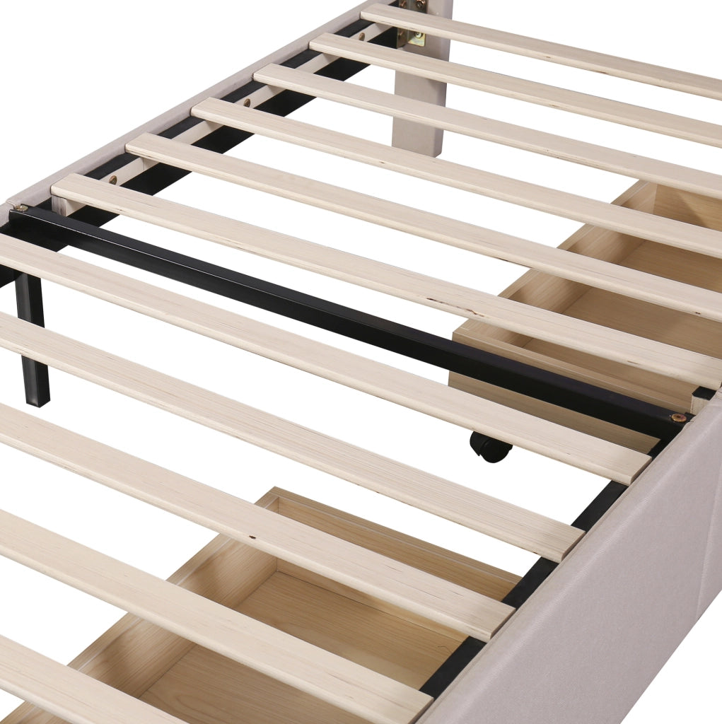 Letto singolo imbottito ULEVR 90x200 cm con LED, 2 cassetti e testiera regolabile, beige