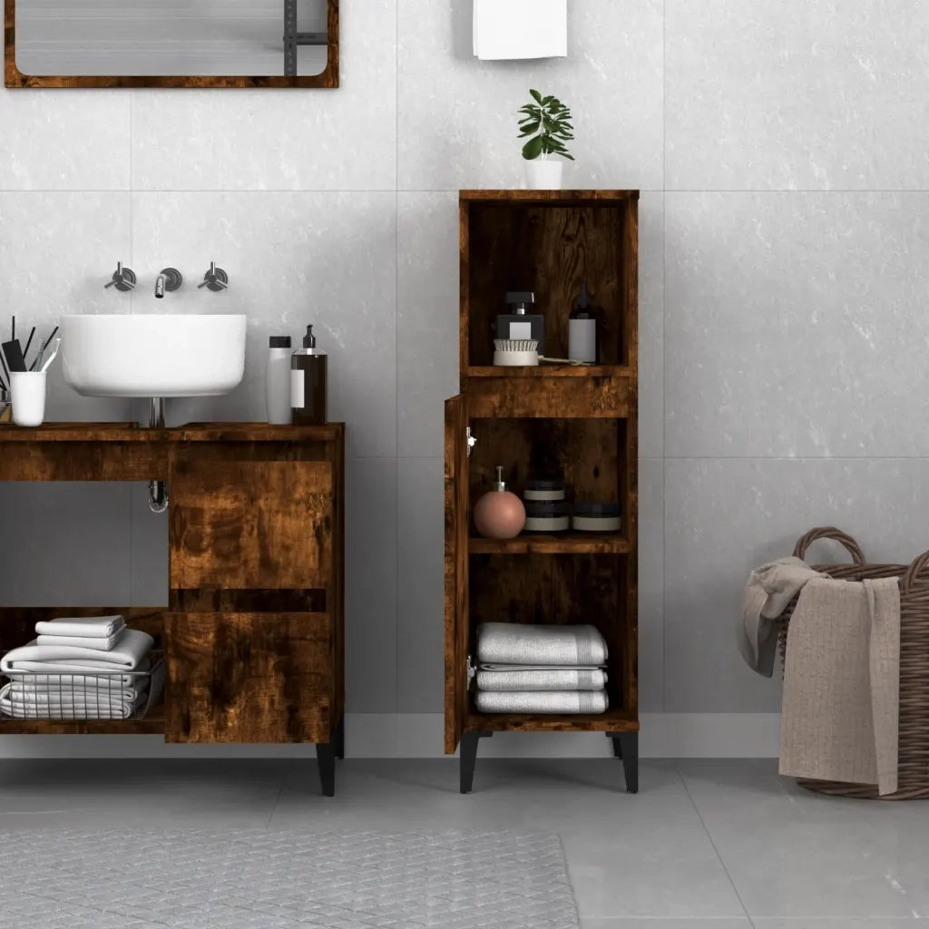 Armadietto Bagno | Armadio da bagno Rovere Fumo 30x30x100 cm in Legno Multistrato