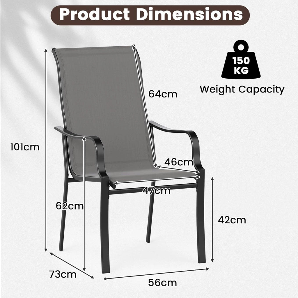Set di 2 sedie da giardino con schienale alto, con bracciolo, in metallo, portata fino a 150 kg, per terrazza, giardino, balcone