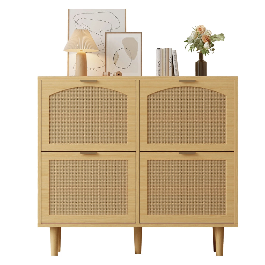 Scarpiera con 4 ante a ribalta in rattan e effetto rovere, per ingresso, con maniglie in legno, 100 × 25 × 90 cm