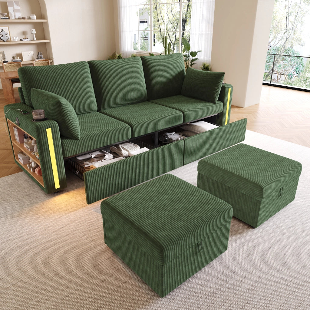 Divano modulare U/L con 2 pouf contenitore; LED; USB/Type-C; 190x130x85 cm; velluto a coste verde