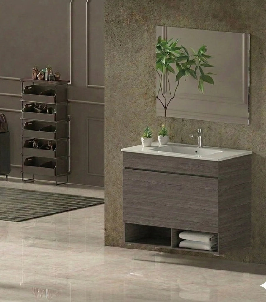 Mobile Bagno NEBARI Già Montato 1 cassetto, lavabo e specchio Rovere affumicato 70x40 cm