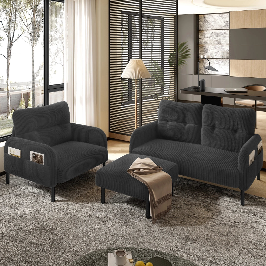 OKWISH Set da 3 Divano 2 Posti, Poltrona e Poggiapiedi, con Tasca Laterale e Seduta Profonda, Velluto a Coste Grigio