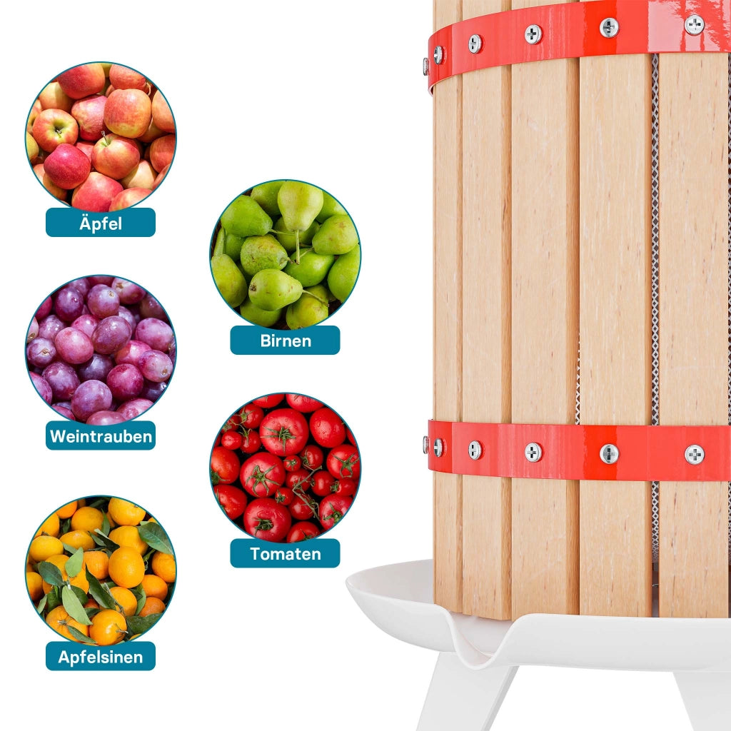 Torchio frutta da 30 l con gabbia in legno e 3 sacchi di spremitura, Torchio a leva