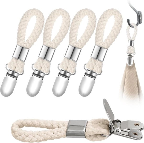 Accessori per asciugamani - Clip metalliche per asciugamani - Con laccio in cotone intrecciato - Per cucina e bagno - 6 pezzi - Beige