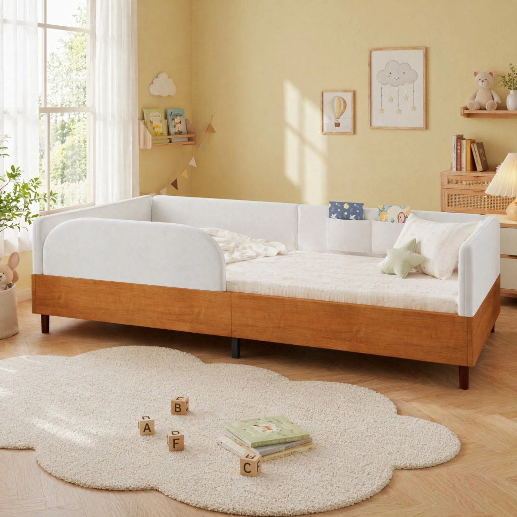 Letto imbottito singolo in velluto e legno con tasche portaoggetti, 90x200 cm