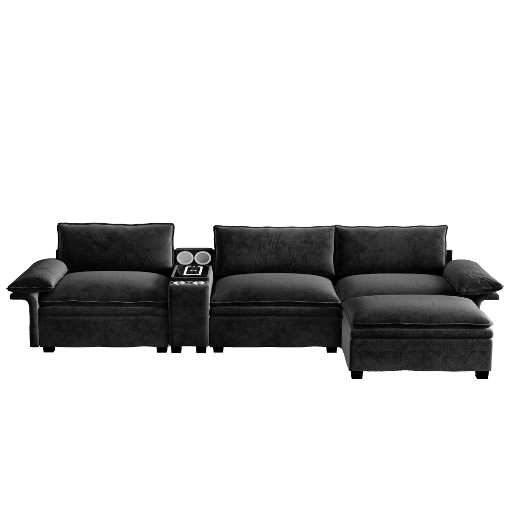 Divano modulare a L 4 posti in chenille con pouf mobile ricarica wireless altoparlanti luci e 2 portabicchieri nero