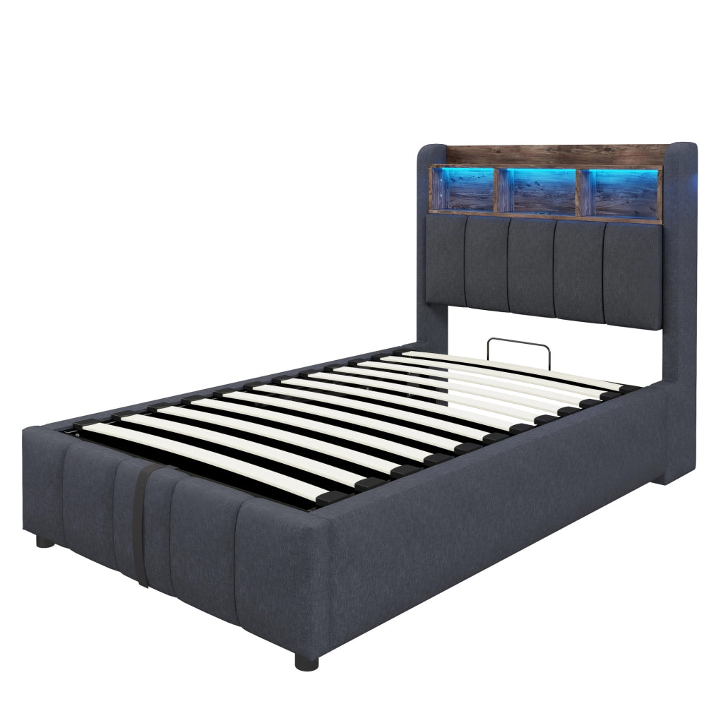 LETTO Imbottito 90x200 cm Grigio con LED, USB e materasso incluso