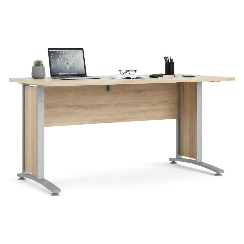 Scrivania Ascorbato, Scrittoio multiuso, Tavolo per ufficio porta PC, Piano di lavoro, 150x80 h75 cm, Grigio e Quercia