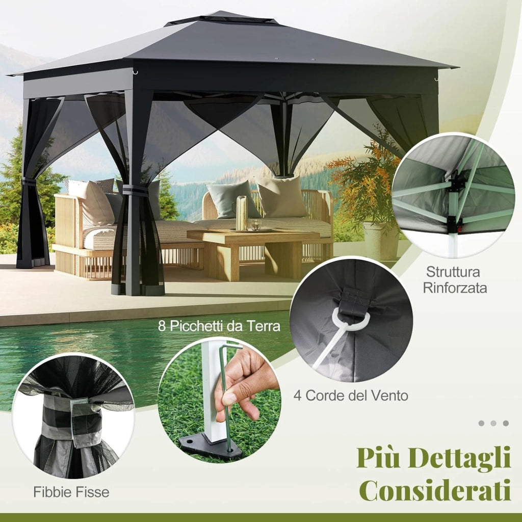 Gazebo Pieghevole 3,4 x 3,4 m con Zanzariera, Gazebo da Giardino con Tende Laterali, Tenda da Giardino Antivento Facile da Montare Resistente 210D con Borsa di Trasporto (Grigio)
