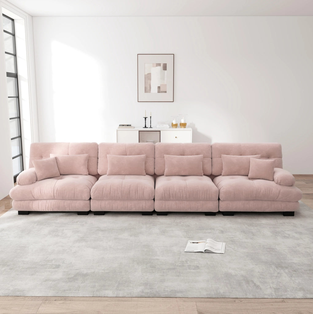 Divano modulare in ciniglia rosa con seduta profonda; 406 x 77 x 81 cm