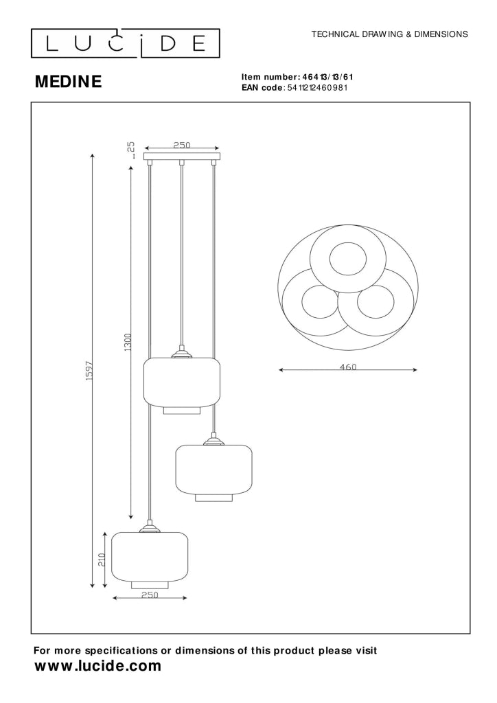 Lampada a sospensione Medine Lucide 3 luci vetro bianco