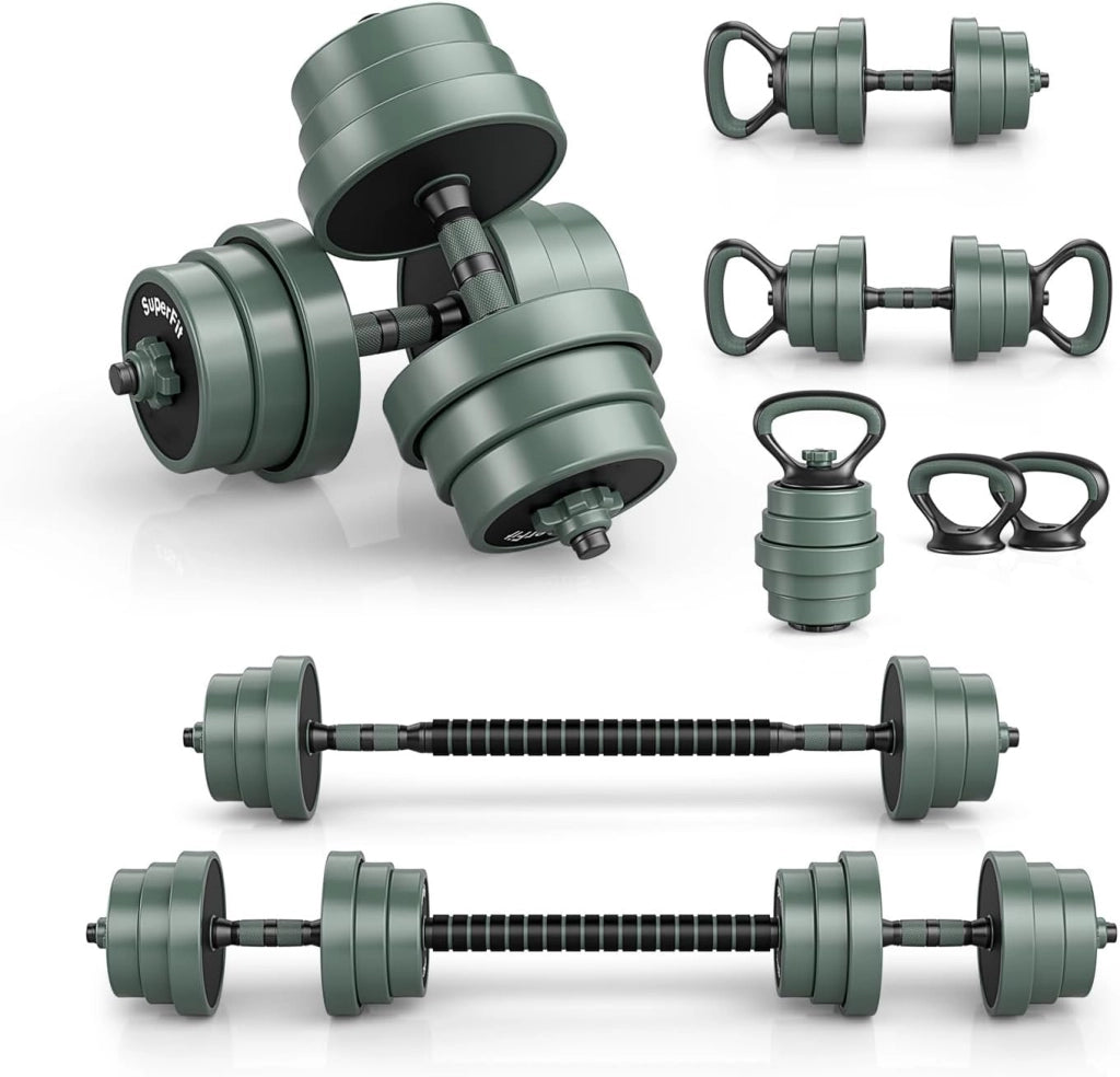 Set di Manubri Regolabili, Set di Pesi Liberi con Connettore, Attrezzi da Palestra Domestica 4 in 1 Include Bilanciere, Manubri, Kettlebell & Supporto per Flessioni per Donne e Uomini