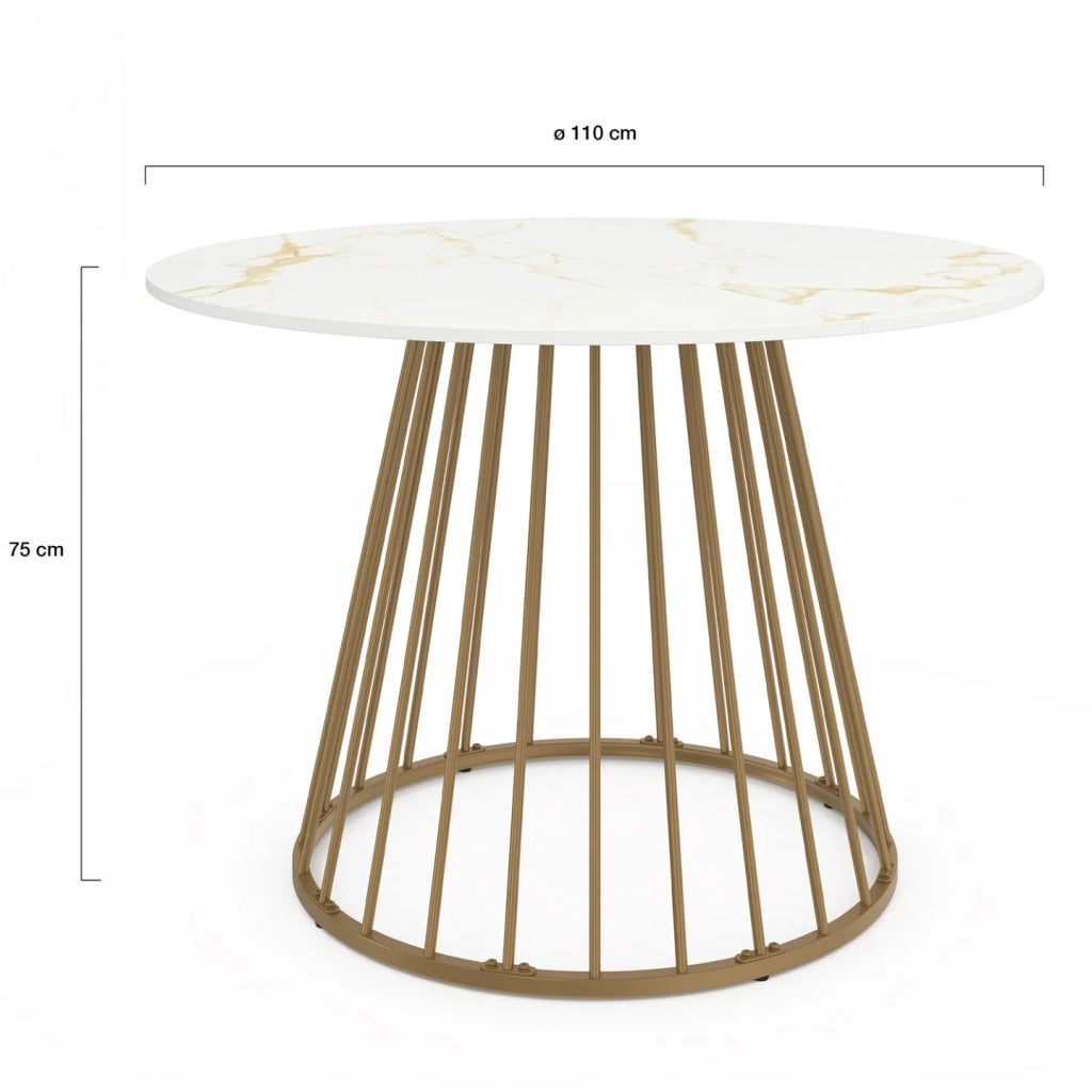 IDMarket - Tavolo da pranzo rotondo YUNA per 6 persone con base in filo d'ottone e piano ALASKA 110 cm effetto marmo bianco