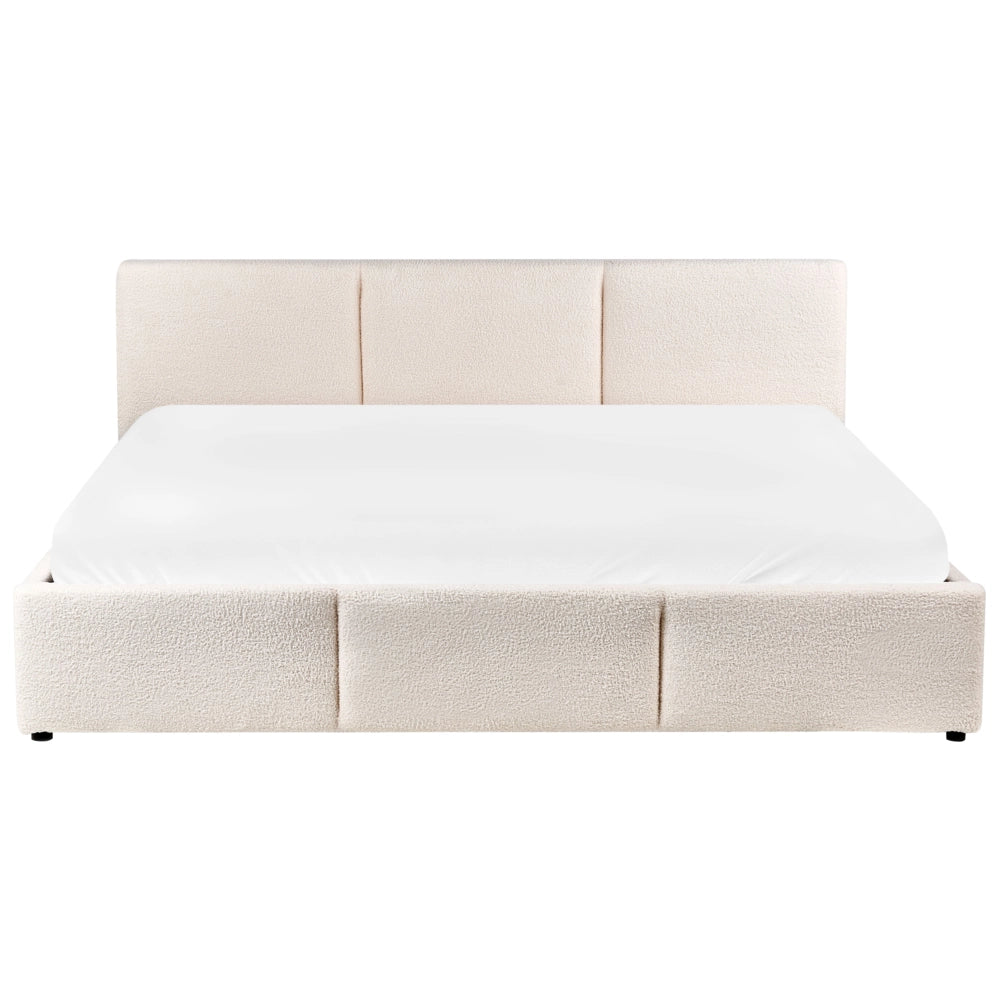 Letto matrimoniale in tessuto bouclè bianco sporco con contenitore 180 x 200 cm Testiera Rivestita Funzione Contenitore