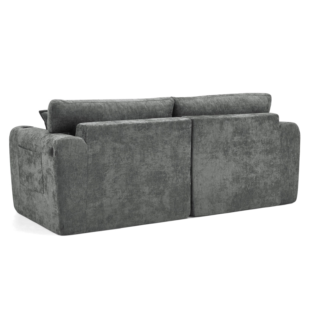 Divano relax 2 posti compatto con tasca laterale portabicchieri e cuscini in chenille grigio per piccoli spazi