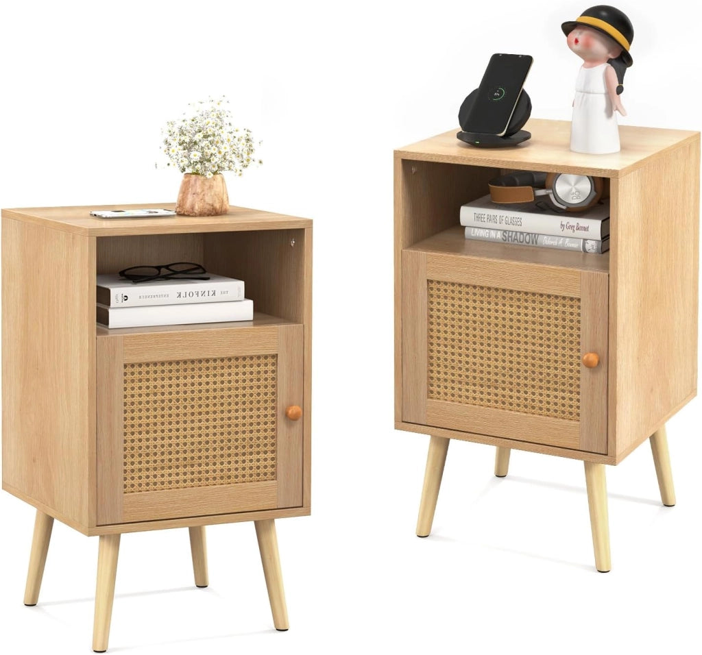 Comodino in Legno 40 x 39 x 70 cm, Comodino con Porta in Rattan, Spazio di Archiviazione e Gambe in Legno Massello, per Soggiorno e Camera da letto (2, Naturale)